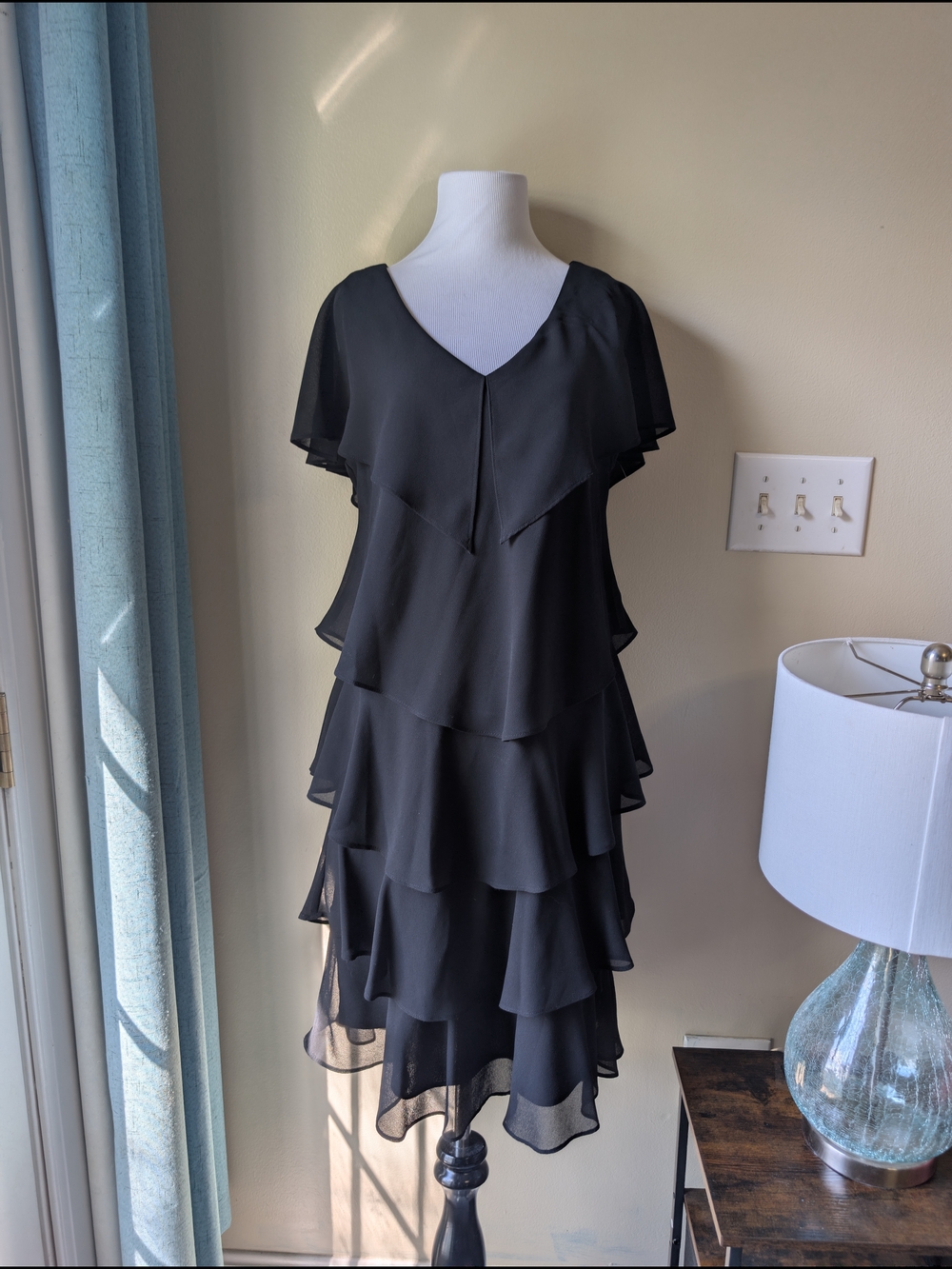 90s Vintage Black Tier Ruffled Midi Dress Scarlet